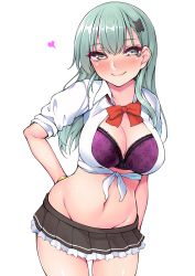 Rule 34 | 1girl, aqua hair, arm behind back, bad id, bad pixiv id, blush, bow, bowtie, bra, bracelet, breasts, brown skirt, cleavage, collarbone, collared shirt, frilled skirt, frills, green eyes, hair ornament, hairclip, highres, ishiusu, jewelry, kantai collection, large breasts, long hair, looking at viewer, microskirt, midriff, navel, open clothes, open shirt, pleated skirt, purple bra, red bow, red bowtie, shirt, simple background, skirt, sleeves rolled up, smile, solo, suzuya (kancolle), tied shirt, underwear, upper body, white background, white shirt