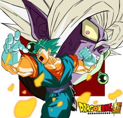 Rule 34 | 2boys, blue eyes, blue hair, blue sash, clenched hand, collarbone, colored sclera, colored skin, copyright name, dougi, dragon ball, dragon ball super, earrings, fused zamasu, gloves, green hair, hair between eyes, highres, jewelry, looking at viewer, male focus, melting, multicolored skin, multiple boys, muscular, muscular male, nostrils, oharu2000, open mouth, orange shirt, pointy ears, potara earrings, purple eyes, purple skin, sash, shirt, simple background, spiked hair, super saiyan, super saiyan blue, vegetto, white gloves, white hair, yellow sclera, zamasu