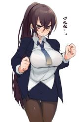 Rule 34 | 1girl, bad id, bad pixiv id, blush, brown eyes, brown hair, clenched hand, clenched hands, dress shirt, formal, jacket, k (li), long hair, necktie, office lady, original, pantyhose, pencil skirt, ponytail, shirt, simple background, skirt, skirt suit, solo, suit, sweatdrop, thigh gap, translated, white background