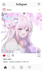 Rule 34 | 1girl, blue archive, blurry, blurry background, blush, cherry blossoms, choker, collarbone, doodle sensei (blue archive), fake screenshot, hair bun, halo, happy anniversary, hashtag, highres, instagram, looking at viewer, mika (blue archive), off shoulder, outdoors, pink hair, seno (senohime), sensei (blue archive), sidelocks, single side bun, smile, solo, teeth, upper body, upper teeth only, when you see it, white choker