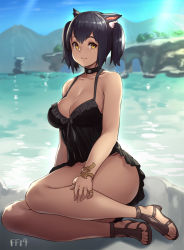 Rule 34 | 10s, 1girl, animal ears, ass, bare arms, bare legs, bare shoulders, black dress, black hair, bracelet, breasts, cat ears, cat girl, choker, cleavage, collarbone, curvy, dark-skinned female, dark skin, dress, female focus, final fantasy, final fantasy xiv, houtengeki, jewelry, large breasts, looking at viewer, miqo&#039;te, no bra, ring, sandals, short dress, short hair, short twintails, sitting, smile, solo, tareme, thick thighs, thighs, twintails, warrior of light (ff14), water, wide hips, yellow eyes, yokozuwari