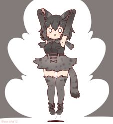Rule 34 | 1girl, animal ears, arms up, belt, black background, black hair, black serval (kemono friends), bow, bowtie, cat ears, cat girl, cat tail, coroha, elbow gloves, extra ears, full body, gloves, jumping, kemono friends, kemono friends 3, long hair, looking at viewer, shirt, shoes, simple background, skirt, sleeveless, sleeveless shirt, solo, tail, thighhighs
