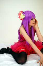 Rule 34 | 1girl, asian, bare shoulders, black footwear, black thighhighs, breasts, character request, china dress, chinese clothes, copyright request, cosplay, dress, eyeliner, flower, frilled skirt, frills, hair flower, hair ornament, indoors, lace, lace-trimmed legwear, lace trim, long hair, looking to the side, makeup, miniskirt, namada, on floor, photo (medium), pink dress, pink skirt, purple hair, shoes, simple background, sitting, skirt, small breasts, solo, thighhighs, wariza