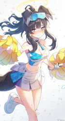 Rule 34 | 1girl, absurdres, animal ears, bare shoulders, black hair, blue archive, blue eyes, blush, breasts, cheerleader, cleavage, closed mouth, crop top, dog ears, dog girl, dog tail, eyewear on head, halo, hibiki (blue archive), hibiki (cheer squad) (blue archive), highres, holding, holding pom poms, leg up, long hair, looking at viewer, medium breasts, midriff, millennium cheerleader outfit (blue archive), miniskirt, navel, pleated skirt, pom pom (cheerleading), pom poms, ponytail, shirt, shoes, sidelocks, skirt, sleeveless, sleeveless shirt, sneakers, solo, standing, standing on one leg, star sticker, sticker on arm, sticker on face, tail, thighs, warojiku, white footwear, white skirt