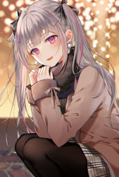 Rule 34 | 1girl, :d, asumi sena, black pantyhose, blush, bow, brown jacket, commentary request, cross, earrings, fang, feet out of frame, fingernails, fur-trimmed sleeves, fur trim, glint, grey bow, grey hair, grey skirt, hair bow, hair ornament, hands up, inverted cross, jacket, jewelry, long hair, long sleeves, looking at viewer, multicolored hair, myusha, nail polish, open mouth, pantyhose, pink hair, pink nails, plaid, plaid bow, plaid skirt, red eyes, skirt, sleeves past wrists, smile, solo, streaked hair, twintails, very long hair, virtual youtuber, vspo!