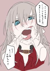Rule 34 | 1girl, blue eyes, blush, brown hair, collar, disembodied hand, drooling, finger in another&#039;s mouth, girls und panzer, hair between eyes, hisaki (morenabe), itsumi erika, looking at viewer, messy hair, mouth pull, open mouth, portrait, purple background, saliva, simple background, teeth, tongue, uneven eyes