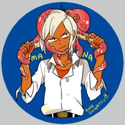 Rule 34 | 1boy, artist name, belt, character name, clenched teeth, dated, frown, inazuma eleven (series), inazuma eleven go, l hakase, male focus, octopus, short hair, simple background, solo, teeth, tentacles, tobisawa mana, upper body