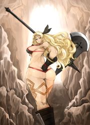 Rule 34 | 1girl, amazon (dragon&#039;s crown), armlet, armor, ass, back, bikini, bikini armor, blonde hair, boots, breasts, circlet, dragon&#039;s crown, feathers, gloves, halberd, highres, huge breasts, legs, long hair, looking back, madarame, muscular, muscular female, polearm, solo, swimsuit, tattoo, thick thighs, thighs, thong bikini, weapon, wide hips
