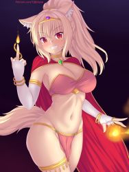 Rule 34 | 1girl, animal ear fluff, animal ears, bandeau, bangle, blonde hair, blush, bracelet, breasts, cape, cat ears, cat girl, cat tail, circlet, cleavage, commentary request, elbow gloves, fingerless gloves, fire, gloves, grin, groin, hair between eyes, high ponytail, highres, jewelry, long hair, looking at viewer, medium breasts, middle finger, navel, nottytiffy, original, pelvic curtain, ponytail, pyrokinesis, red cape, red eyes, slit pupils, smile, solo, tail, tiffy (nottytiffy), v-shaped eyebrows, watermark, web address, white gloves