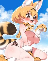 Rule 34 | 1girl, animal ear fluff, animal ears, bikini, blue sky, blush, bow, bowtie, breasts, brown eyes, cleavage, cloud, commentary request, extra ears, fang, fur trim, gloves, highres, kemono friends, large breasts, looking at viewer, open mouth, orange bow, orange bowtie, orange hair, outdoors, ransusan, serval (kemono friends), serval print, side-tie bikini bottom, sky, solo, striped tail, swimsuit, tail, two-tone bowtie
