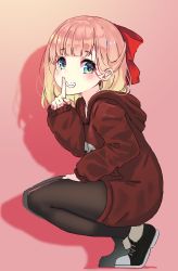 Rule 34 | 1girl, absurdres, black footwear, black pantyhose, blonde hair, blue eyes, blush, bow, dress, finger to mouth, from side, full body, grin, hair bow, half updo, highres, hood, hoodie, index finger raised, looking at viewer, oota youjo, original, pantyhose, red bow, shadow, shoes, shushing, skull print, smile, sneakers, solo, squatting, sweater, sweater dress, teeth