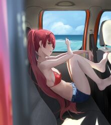 Rule 34 | 1girl, absurdres, arm rest, arrow through heart, barefoot, bikini, bikini top only, blue shorts, blue sky, breasts, car, car interior, cellphone, cleavage, cloud, denim, denim shorts, feet, gold necklace, heterochromia, highres, holding, holding phone, hololive, houshou marine, jewelry, large breasts, long hair, looking at viewer, motor vehicle, nail polish, navel, necklace, open mouth, phone, ponytail, red bikini, red eyes, red hair, red nails, red toenail polish, seatbelt, short shorts, shorts, sky, smile, swimsuit, thighs, virtual youtuber, water, yellow eyes, yonatsu