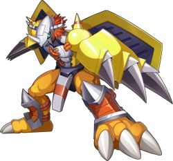 Rule 34 | 1boy, armor, claws, digimon, digimon (creature), digimon new century, dragon, helmet, horns, looking at viewer, mechanical arms, monster, muscular, no humans, official art, shoulder armor, simple background, solo, standing, wargreymon, weapon