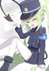 Rule 34 | 1girl, absurdres, belt, black belt, black footwear, black hat, black jacket, black shorts, black tail, blue archive, blush, boots, buttons, demon tail, double-breasted, earrings, fang, gloves, green hair, green halo, halo, hat, nozomi (blue archive), highres, jacket, jewelry, kuroi taimu, long hair, long sleeves, looking at viewer, open mouth, pantyhose, peaked cap, pointy ears, shorts, simple background, skin fang, smile, solo, tail, twintails, white background, white gloves, white pantyhose, yellow eyes, zoom layer
