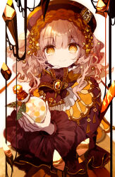 Rule 34 | 1girl, bow, brown bow, brown dress, brown hair, brown hat, brown theme, closed mouth, cyawa, dress, flask, flower-shaped pupils, frilled sleeves, frills, gold trim, hair between eyes, hair ornament, hat, highres, holding, leaf, long hair, long sleeves, looking at viewer, orange eyes, orange theme, orb, original, pink hair, potion, puffy long sleeves, puffy sleeves, red shirt, shirt, smile, solo, symbol-shaped pupils, upper body, vial, white background, yellow collar, yellow eyes, yellow gemstone
