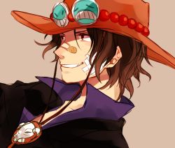 Rule 34 | 1boy, bad id, bad pixiv id, bandaid, bandaid on face, bandaid on nose, black hair, brown hair, freckles, goggles, goggles on headwear, grin, hat, mako1124, male focus, one piece, portgas d. ace, portrait, short hair, smile, solo