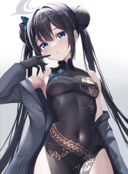 Rule 34 | 1girl, bare shoulders, black dress, black gloves, black hair, blue archive, blue eyes, braid, braided bun, breasts, butterfly hair ornament, china dress, chinese clothes, covered navel, double bun, dragon print, dress, gloves, grey eyes, grey jacket, hair bun, hair ornament, halo, izumi akane, jacket, kisaki (blue archive), long hair, looking at viewer, off shoulder, pelvic curtain, print dress, short dress, side slit, sleeveless, sleeveless dress, small breasts, solo, striped clothes, striped jacket, twintails, vertical-striped clothes, vertical-striped jacket