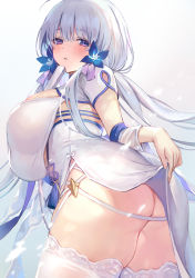 Rule 34 | 1girl, ahoge, azur lane, bad id, bad twitter id, blue eyes, blush, breasts, china dress, chinese clothes, commentary request, dress, folded fan, folding fan, garter straps, hair ornament, hair ribbon, hand fan, highres, illustrious (azur lane), illustrious (maiden lily&#039;s radiance) (azur lane), large breasts, long hair, looking at viewer, mole, mole under eye, official alternate costume, parted lips, revision, ribbon, solo, thighhighs, vivi (eve no hakoniwa), white dress, white hair, white thighhighs