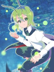 Rule 34 | 1girl, androgynous, antennae, black cape, black shorts, cape, closed mouth, collared shirt, commentary, feet out of frame, fireflies, flat chest, green eyes, green hair, hair between eyes, kari (atsuki 565), looking at viewer, red cape, shirt, short hair, shorts, smile, solo, touhou, two-sided cape, two-sided fabric, white shirt, wriggle nightbug