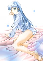 Rule 34 | 1girl, ;(, arm support, ass, bad id, bad pixiv id, barefoot, bed, bed sheet, blurry, blush, clenched hand, closed mouth, collared shirt, dress shirt, feet, female focus, frown, full body, green eyes, highres, index (toaru majutsu no index), indoors, kneeling, kneepits, leaning forward, legs, light particles, long sleeves, looking at viewer, looking back, no pants, on bed, one eye closed, panties, parted bangs, rubbing eyes, shirt, sidelocks, silver hair, sleepy, soles, solo, sumeragi tomo, toaru majutsu no index, toes, underwear, white background, white panties, white shirt, wince