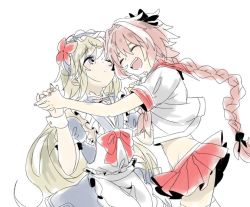 Rule 34 | androgynous, astolfo (fate), astolfo (sailor paladin) (fate), bad id, bad twitter id, braid, chevalier d&#039;eon (fate), crossdressing, fate/apocrypha, fate/grand order, fate (series), holding hands, long hair, maid, maid headdress, multiple boys, official alternate costume, open mouth, pink hair, ribbon, school uniform, serafuku, single braid, smile, trap