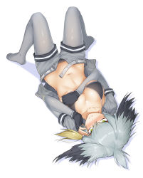 Rule 34 | 10s, 1girl, belt, bikini, black bikini, black gloves, black hair, blush, breasts, fingerless gloves, gloves, grey hair, grey pantyhose, grey shirt, grey shorts, hair between eyes, highres, kemono friends, large breasts, long hair, looking at viewer, low ponytail, lying, multicolored hair, navel, on back, pantyhose, s-goon, shirt, shoebill (kemono friends), short sleeves, shorts, side ponytail, simple background, solo, stomach, swimsuit, two-tone hair, white background, yellow eyes