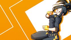Rule 34 | 1girl, absurdres, black hair, black jacket, black pants, bright pupils, clenched hands, commentary request, creatures (company), dendra (pokemon), fingerless gloves, floating hair, game freak, gloves, highres, jacket, long hair, nintendo, orange background, pants, pokemon, pokemon sv, sleeves past elbows, solo, tsunami hisoka, white pupils, yellow eyes, yellow gloves