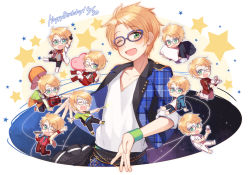 Rule 34 | 10s, 6+boys, :3, ;), ;3, armband, blonde hair, blue-framed eyewear, blush, boombox, chinese clothes, cup, ensemble stars!, glasses, green eyes, happy birthday, heart, index finger raised, juugonichi (wheeliex2), looking at viewer, male focus, multiple boys, multiple persona, one eye closed, open mouth, outstretched arm, plate, sash, sky, smile, space, star (sky), star (symbol), starry sky, teacup, teapot, yuuki makoto (persona 3)