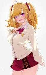 Rule 34 | 1girl, ahoge, blonde hair, bow, bowtie, breasts, cardigan, cowboy shot, curvy, earrings, hands on own cheeks, hands on own face, highres, jewelry, kurokubo (yakekubo), large breasts, long hair, long sleeves, looking at viewer, miniskirt, narrow waist, nijisanji, red bow, red bowtie, red eyes, red skirt, school uniform, shirt, skirt, solo, takamiya rion, takamiya rion (6th costume), thick thighs, thighs, twintails, virtual youtuber, white shirt, wide hips, yellow cardigan