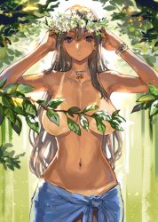 Rule 34 | 1girl, arms behind head, bikini tan, blue eyes, bracelet, branch, breasts, convenient censoring, female focus, grey hair, head wreath, jewelry, large breasts, long hair, looking at viewer, naked sarong, necklace, original, outdoors, ran&#039;ou (tamago no kimi), sarong, solo, tan, tanline, topfreedom, topless, wreath