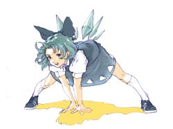 Rule 34 | 1girl, bent over, blue dress, blue eyes, blue hair, bow, cirno, dress, full body, hair bow, highres, ice, ice wings, keitou, matching hair/eyes, puffy short sleeves, puffy sleeves, ribbon, shoes, short hair, short sleeves, socks, solo, touhou, wings