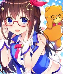 Rule 34 | 1girl, :d, amagai tarou, ankimo (tokino sora), bare shoulders, bespectacled, black-framed eyewear, blue eyes, blue vest, blush, breasts, brown hair, buttons, collared shirt, commentary request, crop top, glasses, hair flaps, hair ornament, hands on eyewear, hands up, hololive, leaning forward, long hair, looking at viewer, midriff, neck ribbon, open mouth, rabbit tail, red-framed eyewear, red ribbon, ribbon, semi-rimless eyewear, shirt, sidelocks, sleeveless, sleeveless shirt, smile, solo, star (symbol), star hair ornament, starry background, stuffed animal, stuffed toy, tail, teddy bear, tokino sora, tokino sora (1st costume), upper body, vest, virtual youtuber, white shirt, wing collar, wrist cuffs