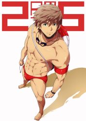 Rule 34 | 1boy, abs, armband, artist name, bara, blue eyes, brown hair, bulge, goggles, goggles around neck, holding, holding whistle, innertube, large pectorals, male focus, male swimwear, muscular, muscular male, navel, nipples, original, pectorals, red male swimwear, short hair, smile, solo, swim briefs, swim ring, whistle, zamius
