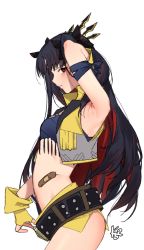 Rule 34 | 1girl, arm up, armpits, bandaid, belt, black hair, bow, clothes pull, fate/grand order, fate (series), fingerless gloves, gloves, hair bow, ishtar (fate), k52, long hair, midriff, multicolored hair, profile, red eyes, short shorts, shorts, shorts pull, signature, solo, space ishtar (fate), space ishtar (second ascension) (fate), two-tone hair, white background