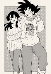 Rule 34 | 1boy, 1girl, breasts, chi-chi (dragon ball), commentary, dr. slump, dragon ball, dragonball z, english commentary, greyscale, hair down, hetero, highres, hime cut, husband and wife, large breasts, locked arms, monochrome, norimaki arale, open mouth, pants, pants rolled up, pink mousse, ribbed sweater, sleeves past wrists, smile, son goku, sweater, turtleneck, turtleneck sweater