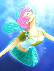 Rule 34 | 1girl, alternate color, bubble, camie (one piece), closed eyes, fins, happy, light rays, lips, looking up, mermaid, midriff, miura, monster girl, navel, one piece, outstretched arms, pink hair, raglan sleeves, scales, shirt, short hair, smile, solo, spread arms, sunbeam, sunlight, swimming, t-shirt, underwater