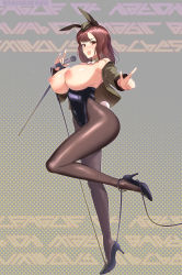 Rule 34 | 1girl, absurdres, animal ears, black footwear, black leotard, blush, breasts, breasts out, brown hair, cleavage, detached collar, fake animal ears, fake tail, grace maitland steward, green jacket, hat, high heels, highres, holding, holding microphone, jacket, large breasts, leg lift, leotard, looking at viewer, luminous witches, microphone, microphone stand, nipples, open mouth, pantyhose, playboy bunny, pointing, polka dot, polka dot background, rabbit ears, rabbit tail, red eyes, sideboob, solo, strapless, strapless leotard, tail, varie7k, world witches series