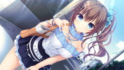 Rule 34 | 1girl, bag, black skirt, blue eyes, blue sky, blush, bracelet, breasts, brown hair, cleavage, cowboy shot, criss-cross halter, day, drapri guu-ta-life, dutch angle, frilled skirt, frills, game cg, hair between eyes, hair ornament, hairclip, halterneck, highres, holding, holding bag, ichinose suzuka, jewelry, large breasts, long hair, looking at viewer, miniskirt, off-shoulder sweater, off shoulder, outdoors, ribbed sweater, road, side ponytail, skirt, sky, solo, standing, street, sunlight, sweater, takano yuki (allegro mistic), white sweater