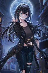Rule 34 | 1girl, belt, black belt, black coat, black hair, black shirt, blue eyes, closed mouth, coat, collarbone, commentary, english commentary, full moon, hand up, highres, long coat, long hair, long sleeves, looking at viewer, moon, navel, night, night sky, original, outdoors, pants, shirt, sky, smile, torn clothes, torn pants, zerocat