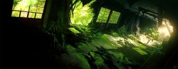 Rule 34 | building, commentary request, day, dutch angle, green theme, highres, hole in wall, indoors, mocha (cotton), moss, nature, no humans, original, ruins, scenery, sunlight, table, tree, window, wooden floor