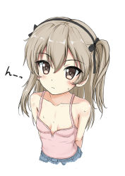 Rule 34 | 1girl, arms behind back, bare shoulders, black bow, black hairband, blue skirt, blush, bow, brown eyes, brown hair, camisole, closed mouth, collarbone, commentary request, flipper, girls und panzer, hair between eyes, hair bow, hairband, long hair, looking at viewer, one side up, pink camisole, shimada arisu, simple background, skirt, solo, sweat, translation request, white background