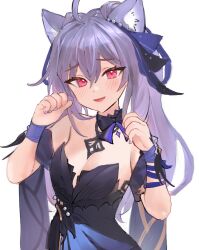 Rule 34 | 1girl, animal ears, black dress, blush, bow, breasts, cleavage, detached sleeves, dress, genshin impact, gukuli, hair between eyes, hair ribbon, highres, keqing (genshin impact), keqing (opulent splendor) (genshin impact), long hair, looking at viewer, medium breasts, nail polish, open mouth, paw pose, pink eyes, purple hair, purple nails, ribbon, simple background, solo, strapless, strapless dress, twintails, upper body, white background