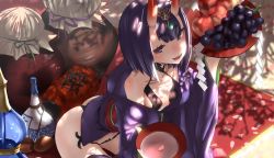 Rule 34 | 1girl, :d, alcohol, armor, ass, bare shoulders, black panties, blue gemstone, blunt bangs, breasts, breasts apart, chinese lantern, choker, collarbone, cup, dappled sunlight, day, detached sleeves, eyebrows, eyeshadow, fangs, fate/grand order, fate (series), food, fruit, gem, gourd, grapes, hand up, headpiece, highres, holding, holding cup, holding plate, horns, jewelry, lantern, long sleeves, makeup, mascara, navel, oni, open mouth, outdoors, panties, peach, petals, plate, purple eyes, purple hair, revealing clothes, sakazuki, sake, short hair, shuten douji (fate), sitting, small breasts, smile, solo, sunlight, teeth, thick eyebrows, thong, tsuuhan, underwear, wariza, wide sleeves