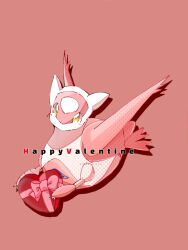 Rule 34 | animal focus, artist name, blush, bow, box, claws, creatures (company), drop shadow, game freak, gen 3 pokemon, gift, gift box, halftone, happy valentine, heart-shaped box, holding, latias, legendary pokemon, light blush, looking at viewer, nintendo, no humans, pokemon, pokemon (creature), red background, red bow, red theme, simple background, solo, twitter username, ume musubi, valentine, watermark, yellow eyes
