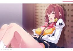 Rule 34 | 1girl, ahoge, akatsuki hinata, between breasts, blush, bow, bowtie, bra, breasts, cleavage, closed eyes, female focus, flute, highres, indoors, instrument, lace, lace bra, legs, legs together, medium breasts, official art, omega labyrinth, omega labyrinth life, open clothes, open mouth, original, own hands together, page number, panties, pantyshot, puffy sleeves, recorder, red hair, school uniform, sexually suggestive, sitting, skirt, solo, striped bra, striped clothes, sweat, thighs, twintails, u35, underwear, yellow bra