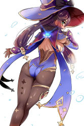 Rule 34 | 1girl, aqua eyes, ass, blush, bodystocking, bodysuit, bodysuit under clothes, breasts, cape, genshin impact, hair ornament, hat, highres, kneepits, leotard, long hair, looking at viewer, looking back, medium breasts, mona (genshin impact), purple cape, purple hat, purple leotard, simple background, solo, standing, twintails, unname, white background, witch hat