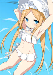 Rule 34 | 1girl, abigail williams (fate), abigail williams (swimsuit foreigner) (fate), abigail williams (swimsuit foreigner) (third ascension) (fate), armpits, arms up, bare shoulders, bikini, blonde hair, blue eyes, blush, bonnet, bow, breasts, fate/grand order, fate (series), forehead, hair bow, long hair, looking at viewer, miniskirt, navel, parted bangs, sidelocks, skirt, small breasts, smile, swimsuit, toshishikisai, twintails, very long hair, white bikini, white bow, white headwear