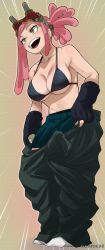 Rule 34 | 1girl, absurdres, bikini, bikini top only, black bikini, boku no hero academia, breasts, cleavage, gaston18, gradient background, hatsume mei, highres, large breasts, pink hair, skirt, solo, swimsuit, symbol-shaped pupils, tagme, underboob, undressing, yellow background