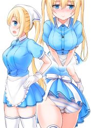 Rule 34 | 1girl, :o, apron, blend s, blonde hair, blue eyes, blue shirt, blue skirt, blush, breasts, closed mouth, collared shirt, faubynet, frilled apron, frills, gloves, hair between eyes, head scarf, highres, hinata kaho, large breasts, long hair, looking at viewer, multiple views, open mouth, panties, pantyshot, pleated skirt, profile, puffy short sleeves, puffy sleeves, shirt, short sleeves, simple background, skindentation, skirt, standing, striped clothes, striped panties, thighhighs, twintails, underwear, uniform, upskirt, very long hair, waist apron, waitress, white apron, white background, white gloves, white thighhighs