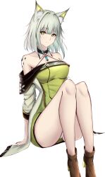Rule 34 | 1girl, animal ear fluff, animal ears, arknights, bare shoulders, black choker, black footwear, boots, breasts, cat ears, choker, commentary request, criss-cross halter, dress, green dress, green eyes, green hair, halterneck, high heel boots, high heels, highres, kal&#039;tsit (arknights), knees up, large breasts, long sleeves, looking at viewer, off-shoulder dress, off shoulder, poni (poni arknights), short hair, simple background, sitting, solo, thighs, white background